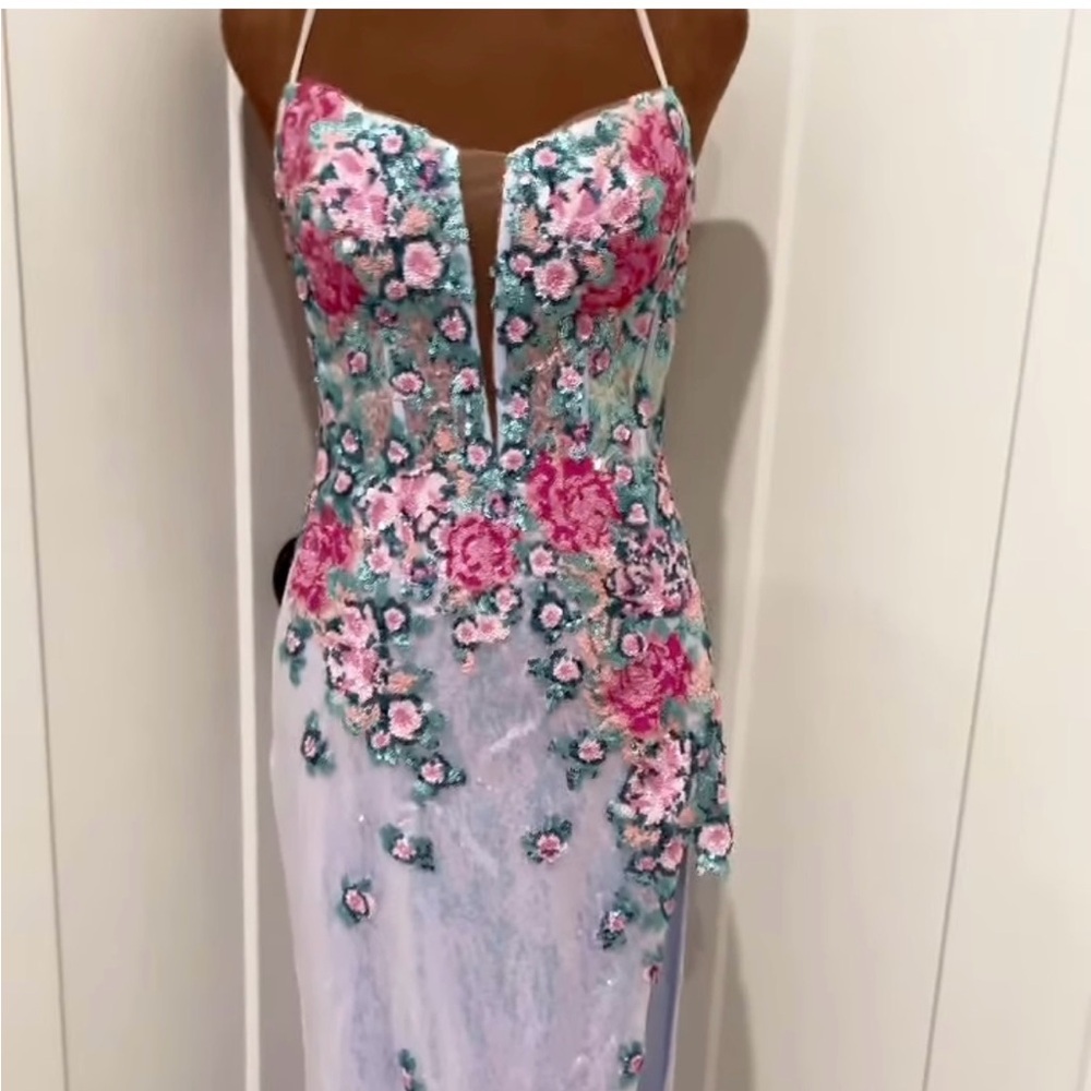 Jovani Strapless Floral Dress in Pink and Blue - Picture 5 of 5